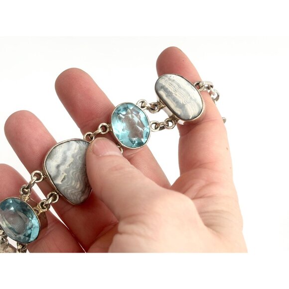 Blue Gemstone & Jasper Chainlink Silver Toned Chunky Vintage Tennis Bracelet - Picture 13 of 14